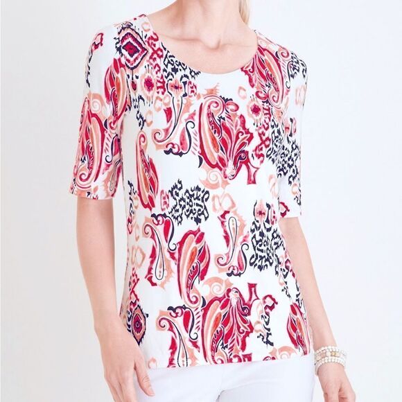Chicos Printed Ballet-Neck Tee The elegant ballet neckline double layer front 3 - Picture 1 of 5